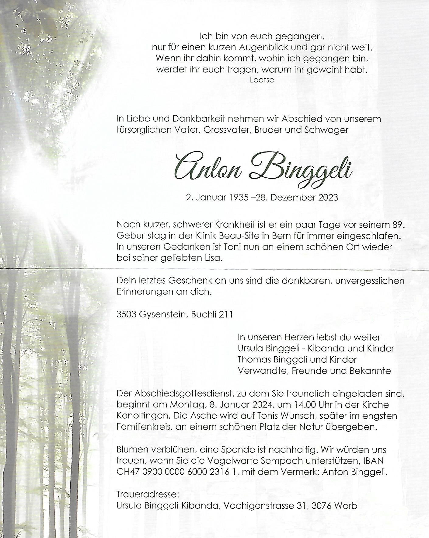 Todesanzeige A. Binggeli Todesanzeige A. Binggeli